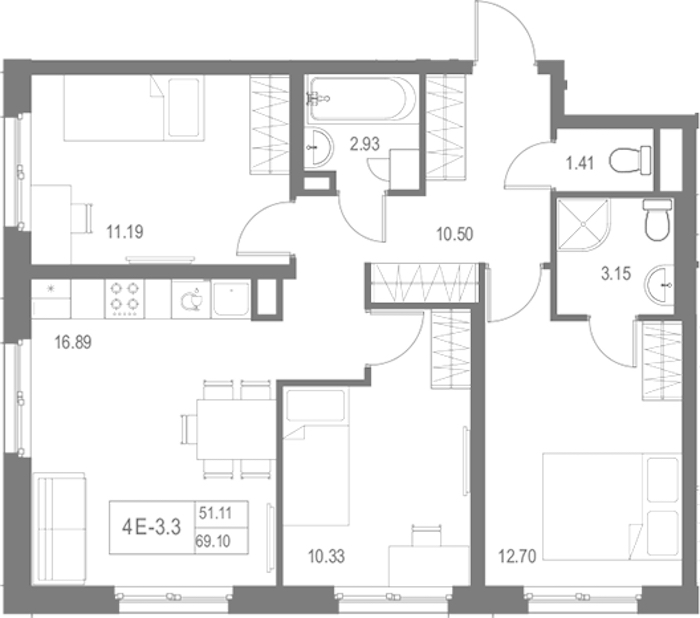 3-комнатная квартира 69.1 м², 3/17 эт., Комплекс апартаментов «Zoom на Неве»
